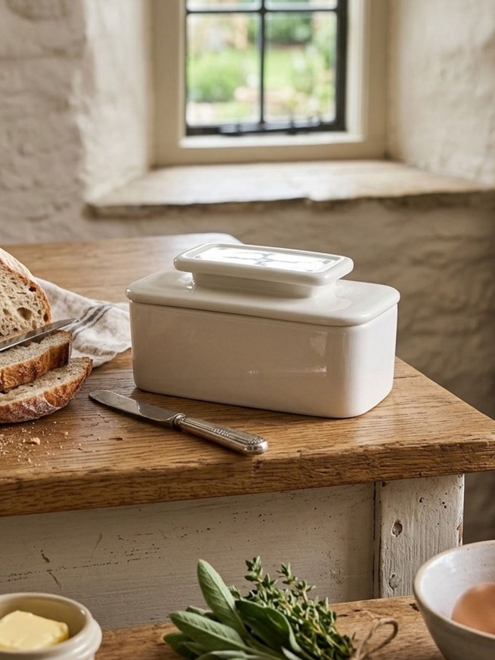 White Stoneware Butter Keeper
